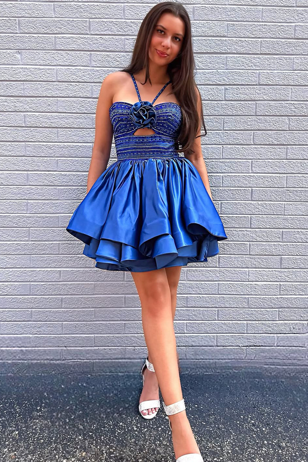 Luuvis Women Royal Blue Short Homecoming Dress Avant-garde A Line Halter  Neck Cocktail Dress with Beading Keyhole