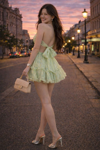 Vintage-Inspired Light Green Corset Mini Dress with Sweetheart Neckline and Tiered Skirt