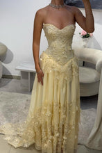 Load image into Gallery viewer, Gorgeous A Line Sweetheart Light Yellow Lace Prom Dress with Structured Bodice