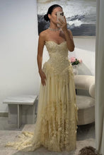 Load image into Gallery viewer, Gorgeous A Line Sweetheart Light Yellow Lace Prom Dress with Structured Bodice