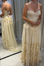 Load image into Gallery viewer, Gorgeous A Line Sweetheart Light Yellow Lace Prom Dress with Structured Bodice