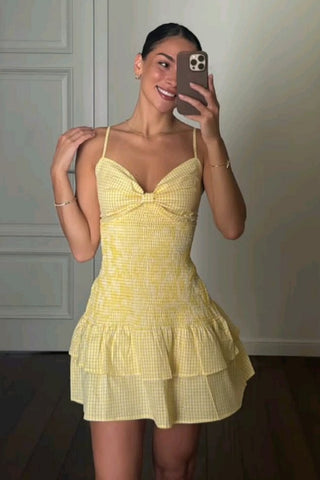 Vintage-Inspired Yellow Babydoll Homecoming Dress with Ruched Bodice
