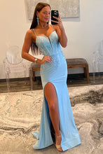 Load image into Gallery viewer, Glitter Light Blue Spaghetti Straps Mermaid Lace Up Long Prom Dress with Slit

