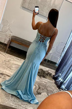 Load image into Gallery viewer, Glitter Light Blue Spaghetti Straps Mermaid Lace Up Long Prom Dress with Slit
