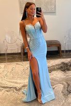 Load image into Gallery viewer, Glitter Light Blue Spaghetti Straps Mermaid Lace Up Long Prom Dress with Slit
