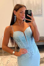 Load image into Gallery viewer, Glitter Light Blue Spaghetti Straps Mermaid Lace Up Long Prom Dress with Slit
