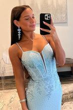 Load image into Gallery viewer, Glitter Light Blue Spaghetti Straps Mermaid Lace Up Long Prom Dress with Slit
