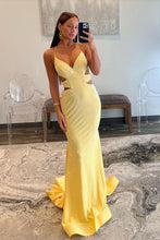 Load image into Gallery viewer, Yellow Mermaid Cutout Waist Lace Up Corset Long Beaded Prom Dress
