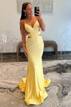 Load image into Gallery viewer, Yellow Mermaid Cutout Waist Lace Up Corset Long Beaded Prom Dress
