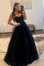 Load image into Gallery viewer, Dark Navy A-Line Tie Straps Zipper Back Long Tulle Prom Dress
