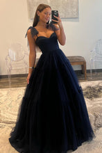 Load image into Gallery viewer, Dark Navy A-Line Tie Straps Zipper Back Long Tulle Prom Dress
