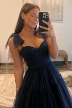 Load image into Gallery viewer, Dark Navy A-Line Tie Straps Zipper Back Long Tulle Prom Dress
