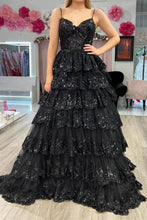 Load image into Gallery viewer, Princess A-Line Spaghetti Straps Long Glitter Prom Dress With Appliques