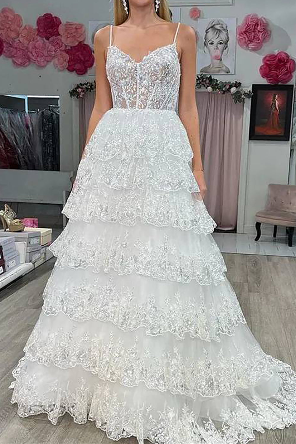 A-line Spaghetti Straps Glitter Tulle Prom Dress Chic Evening Dress Y406 main image 0