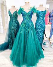 Load image into Gallery viewer, Princess A Line Off the Shoulder Green Long Prom Dress with Feather