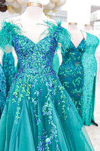 Load image into Gallery viewer, Princess A Line Off the Shoulder Green Long Prom Dress with Feather