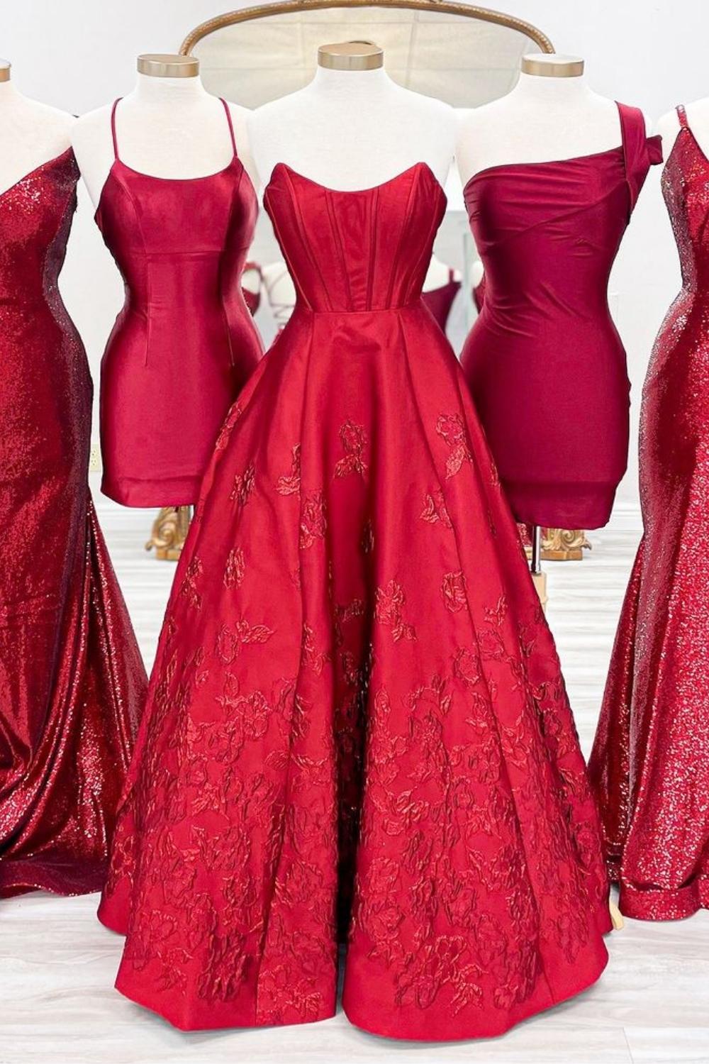 Luuvis Princess A Line Strapless Red Corset Prom Dress with Appliques
