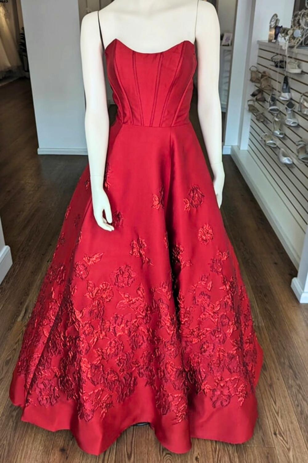 Luuvis Princess A Line Strapless Red Corset Prom Dress with Appliques