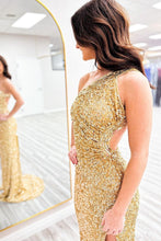 Load image into Gallery viewer, Sparkly Mermaid One Shoulder Golden Sequins Long Prom Dress with Keyhole
