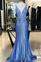 Load image into Gallery viewer, Gorgeous Mermaid Deep V Neck Blue Long Prom Dress with Appliques