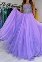 Load image into Gallery viewer, Charming A Line Strapless Purple Tulle Long Prom Dress with Beading