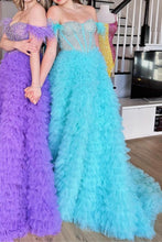 Load image into Gallery viewer, Princess A Line Off the Shoulder Purple/Blue Corset Prom Dress with Beading