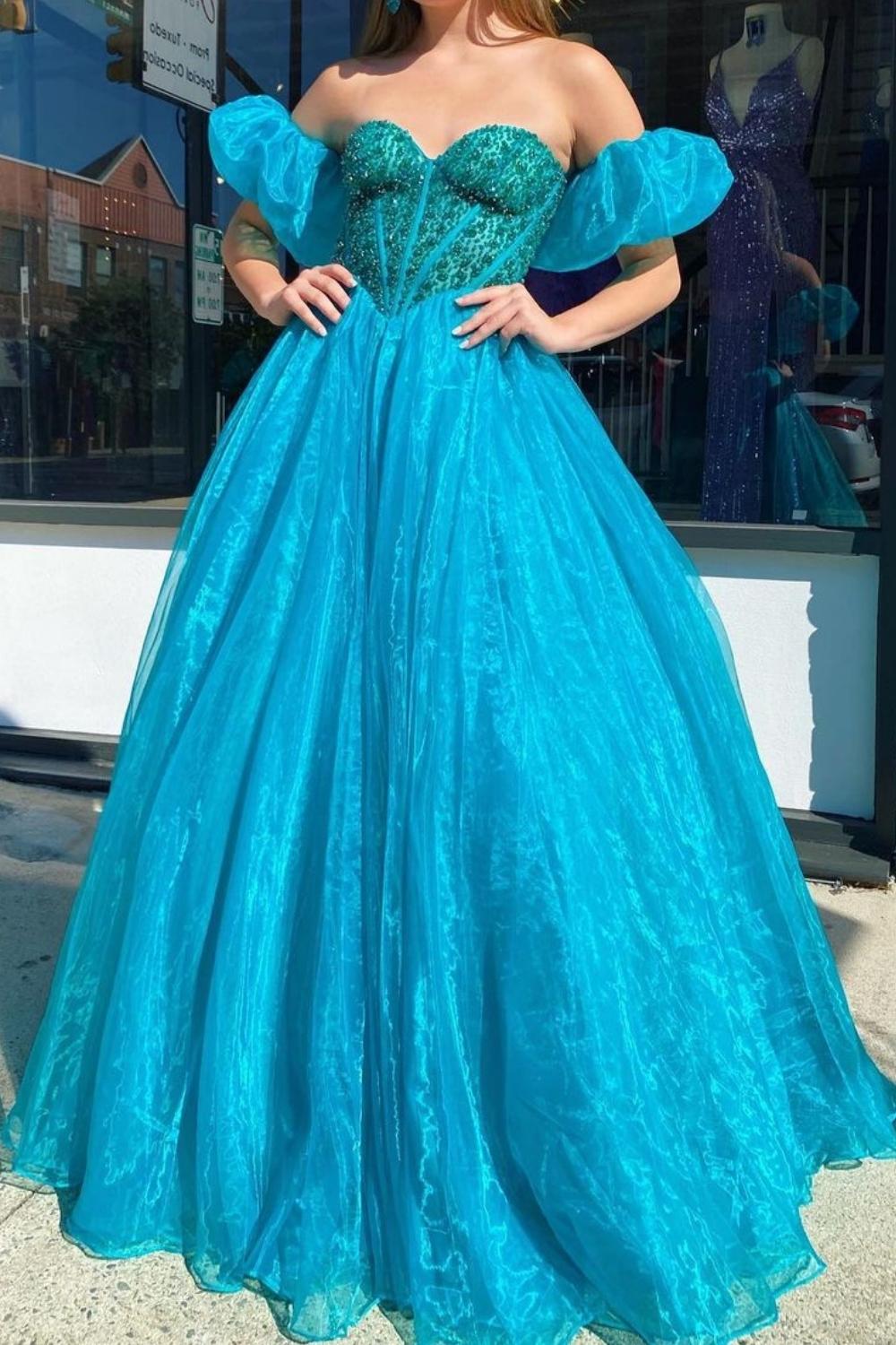 Luuvis Princess A Line Sweetheart Blue Corset Prom Dress with Beading