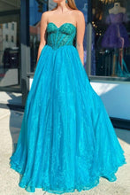 Load image into Gallery viewer, Princess A Line Sweetheart Blue Corset Prom Dress with Beading