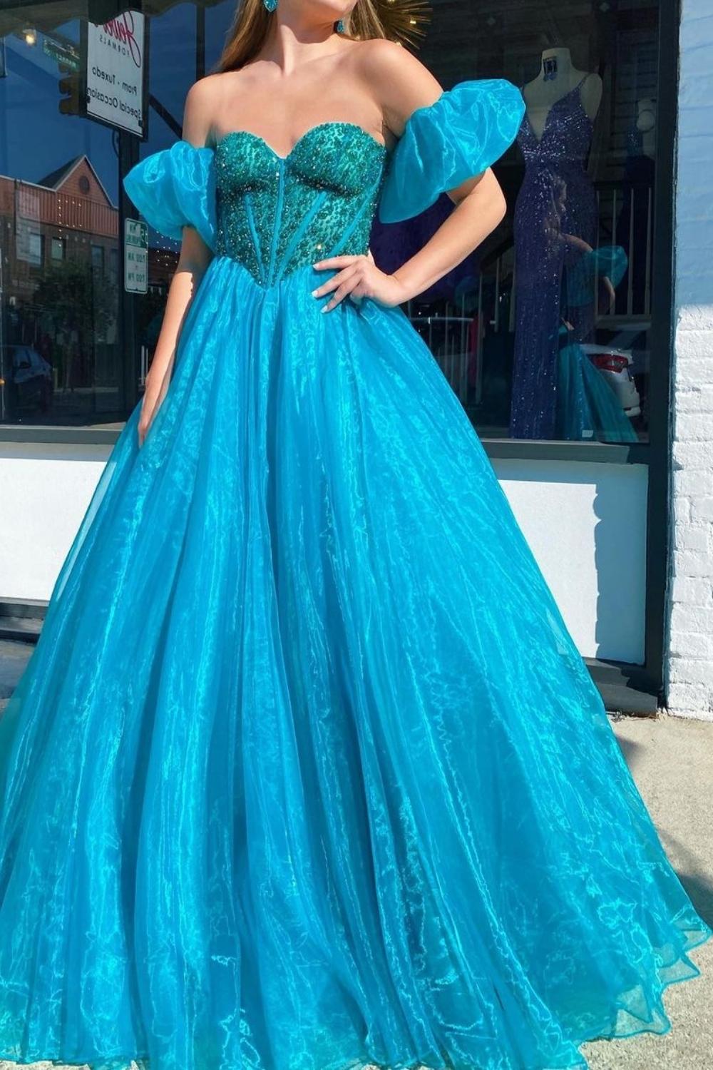 Luuvis Princess A Line Sweetheart Blue Corset Prom Dress with Beading