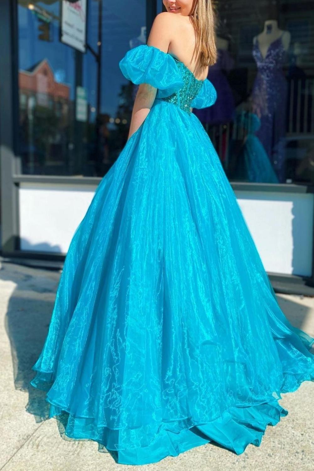 Luuvis Princess A Line Sweetheart Blue Corset Prom Dress with Beading