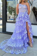 Load image into Gallery viewer, Gorgeous A Line One Shoulder Lilac Corset Prom Dress with Ruffles Lace
