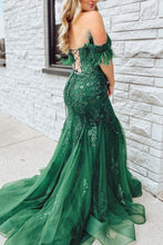Load image into Gallery viewer, Dark Green Mermaid Off The Shoulder Long Corset Prom Dress With Appliques