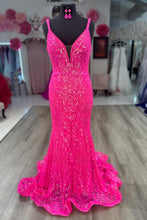 Load image into Gallery viewer, Sparkly Hot Pink Mermaid Backless Long Corset Prom Dress With Sequin
