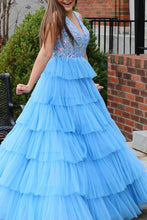 Load image into Gallery viewer, Blue A Line V-Neck Long Tiered Prom Dress with Slit And Appliques