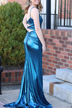 Load image into Gallery viewer, Dark Blue Mermaid Keyhole Back Long Satin Prom Dress With Slit
