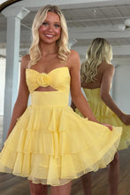 Load image into Gallery viewer, Well-made A Line Sweetheart Yellow Short Homecoming Dress with Ruffles Keyhole
