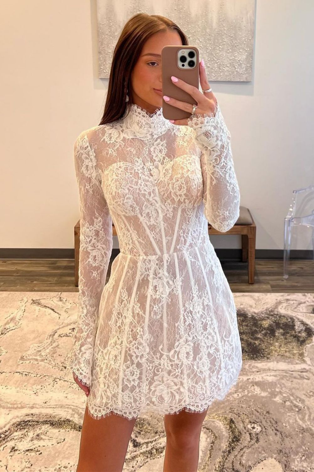 Luuvis Women White A-Line High Neck Long Sleeves Short Lace Homecoming