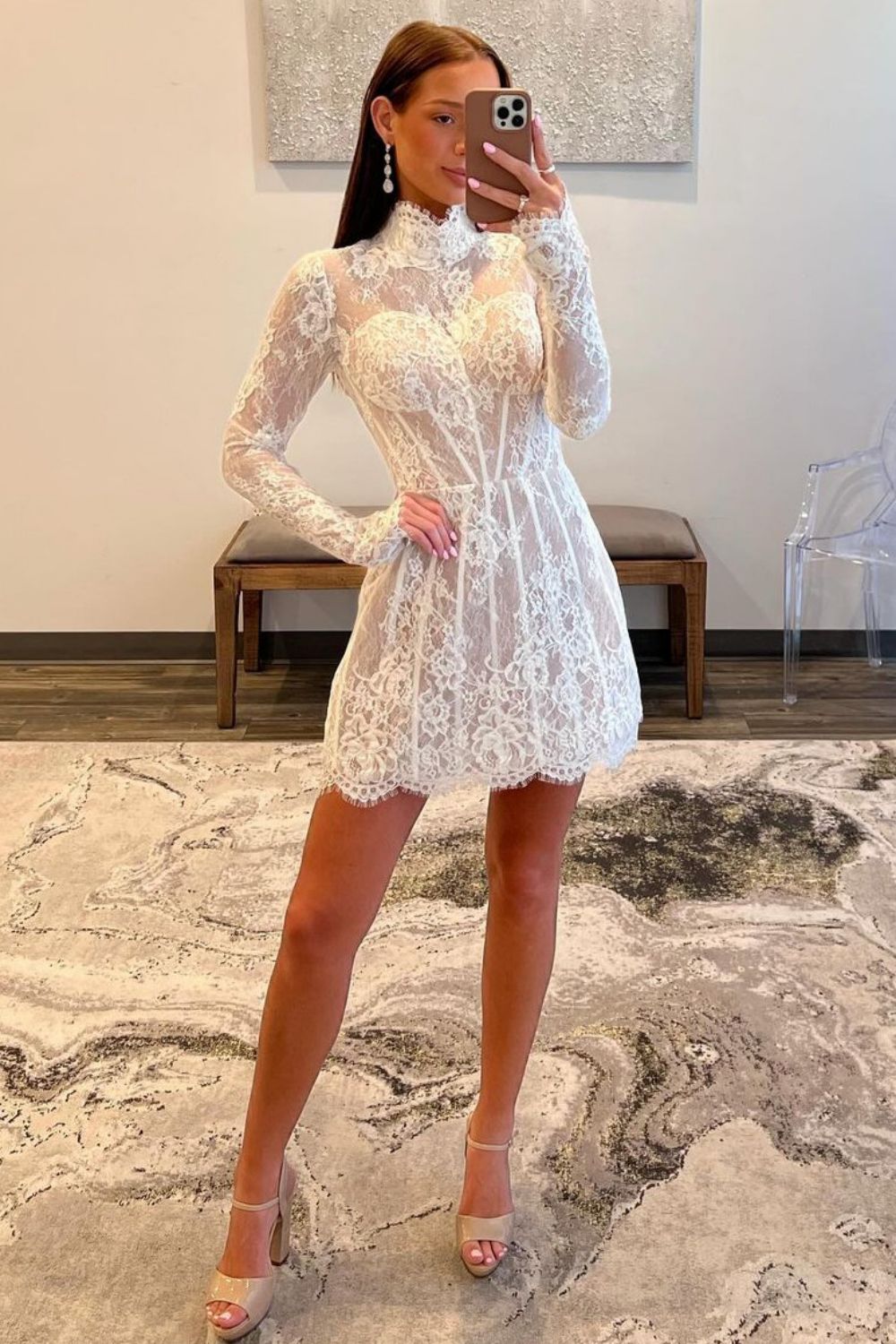 Luuvis Women White A-Line High Neck Long Sleeves Short Lace Homecoming Dress Luuvis Women White A-Line High Neck Long Sleeves Short Lace Homecoming Dress