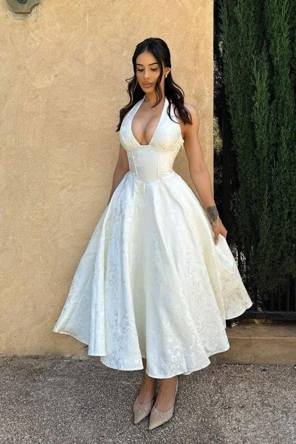 Simple A Line V Neck White Tea Length Party Dress with Corset