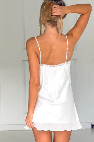 Cute A Line Spaghetti Straps White Satin Mini Dress with Lace