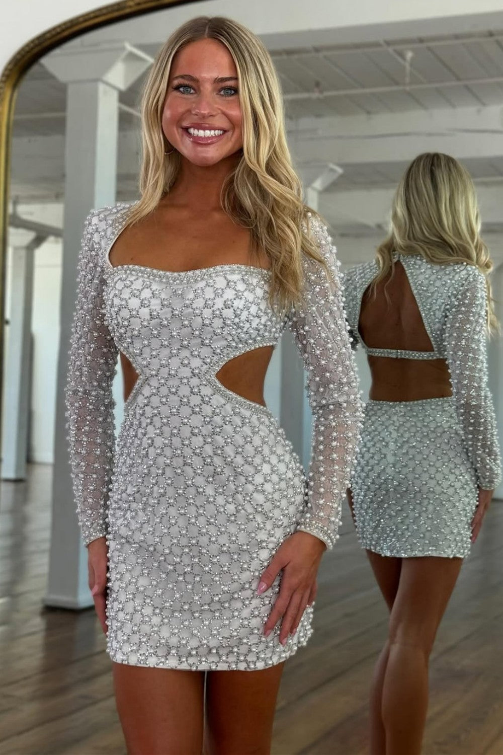 Luuvis Women White Pearl Beaded Long Sleeve Cutout Back Mini Homecoming Dress Luuvis Women White Pearl Beaded Long Sleeve Cutout Back Mini Homecoming Dress