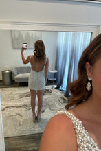 Load image into Gallery viewer, White Pearl Embellished Mini Homecoming Dress with Deep V-Neckline

