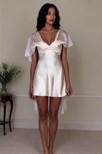 Load image into Gallery viewer, White Satin Homecoming Dress with Deep V-Neck and Flowy Sheer Sleeves