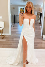 Load image into Gallery viewer, White Strapless Satin Ruched Gown with High Slit Prom Dress
