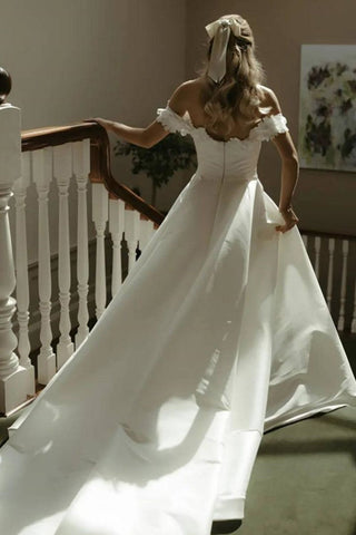 Gorgeous A Line Off the Shoulder White Bridal Dress with Flowers
