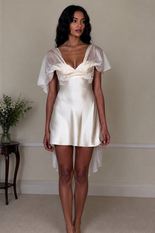 White Satin Homecoming Dress with Deep V-Neck and Flowy Sheer Sleeves