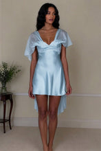 Load image into Gallery viewer, White Satin Homecoming Dress with Deep V-Neck and Flowy Sheer Sleeves