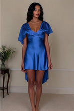 Load image into Gallery viewer, White Satin Homecoming Dress with Deep V-Neck and Flowy Sheer Sleeves