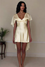 Load image into Gallery viewer, White Satin Homecoming Dress with Deep V-Neck and Flowy Sheer Sleeves