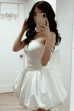 Load image into Gallery viewer, White Strapless Pearl Trim Satin Bubble Hem Mini Homecoming Dress